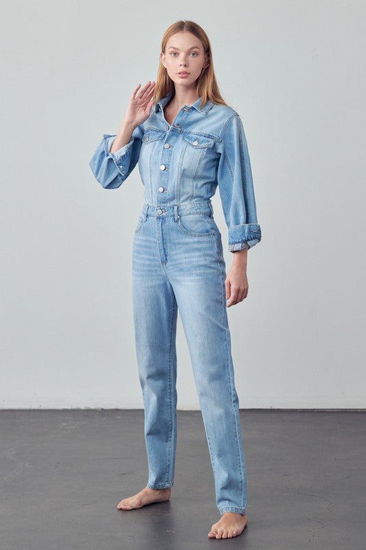 High Waist Flap Pocket Half Button Denim Jumpsuit - Pure Serenity DBA