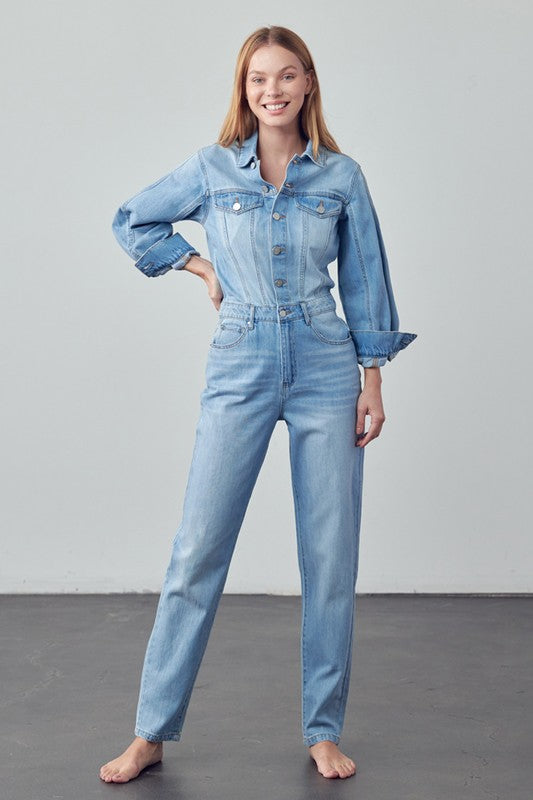 High Waist Flap Pocket Half Button Denim Jumpsuit - Pure Serenity DBA