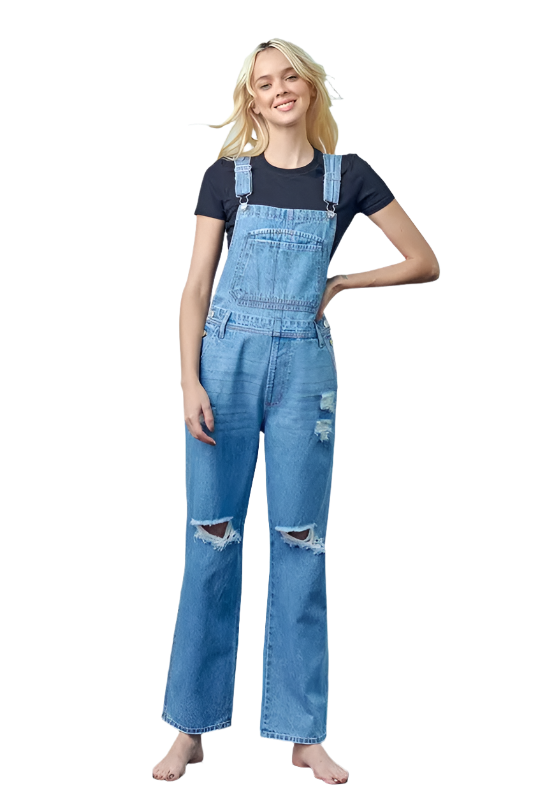 Pocket Patched Ripped Denim Overalls - Pure Serenity DBA