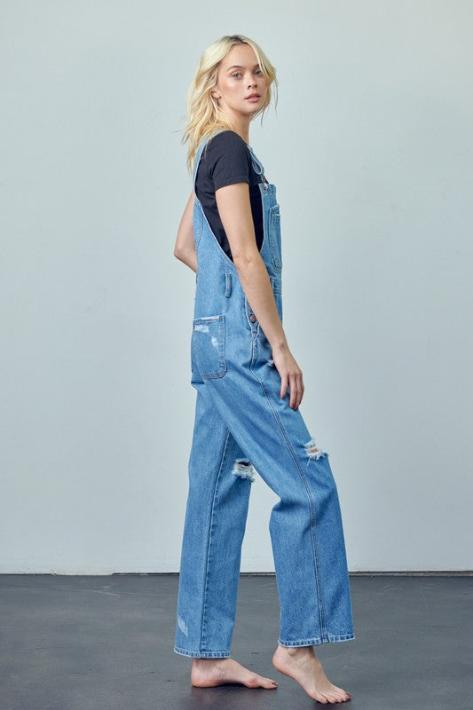 Pocket Patched Ripped Denim Overalls - Pure Serenity DBA