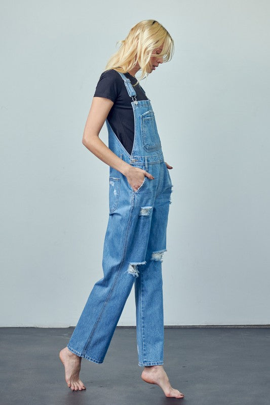 Pocket Patched Ripped Denim Overalls - Pure Serenity DBA