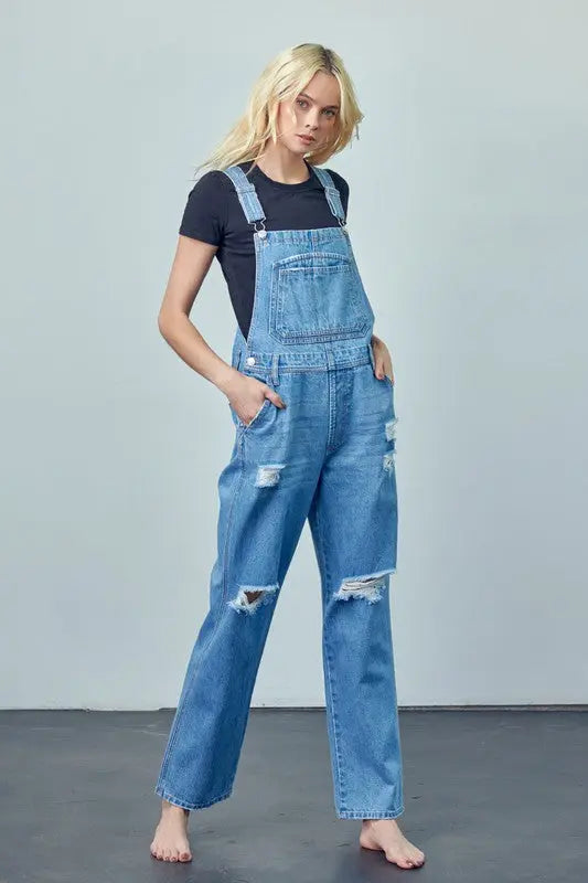 Pocket Patched Ripped Denim Overalls Denim Lab USA