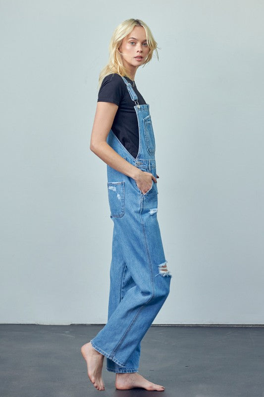 Pocket Patched Ripped Denim Overalls - Pure Serenity DBA