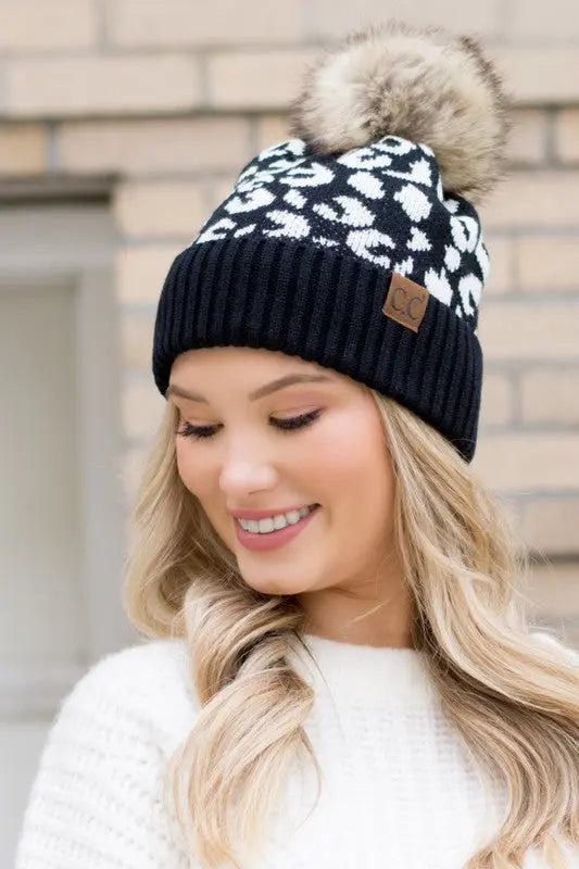 Leopard Fur Pom Beanie - Pure Serenity DBA