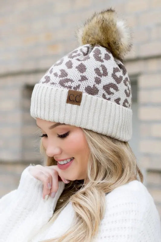 Leopard Fur Pom Beanie - Pure Serenity DBA