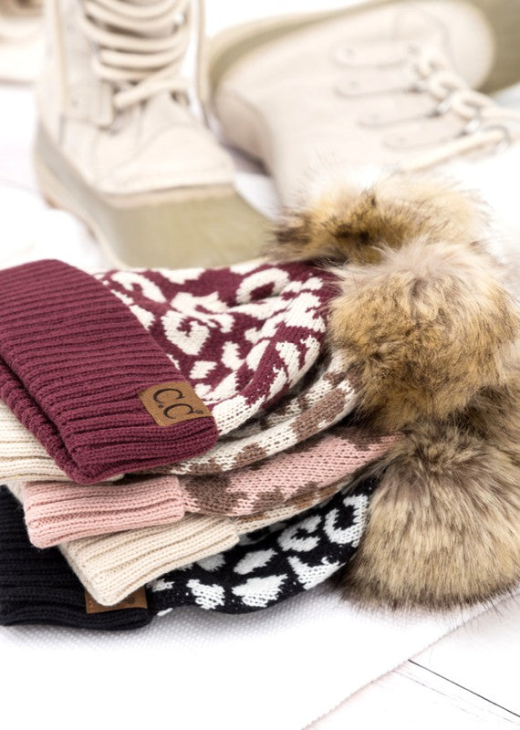 Leopard Fur Pom Beanie - Pure Serenity DBA