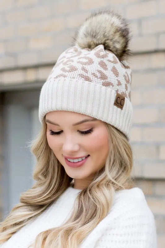 Leopard Fur Pom Beanie - Pure Serenity DBA