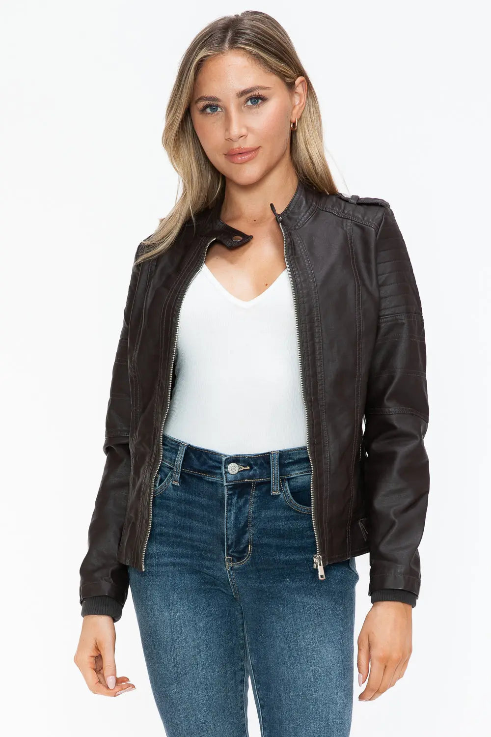 Snobbish PU Leather Biker Jacket with Side Zip Pockets Trendsi