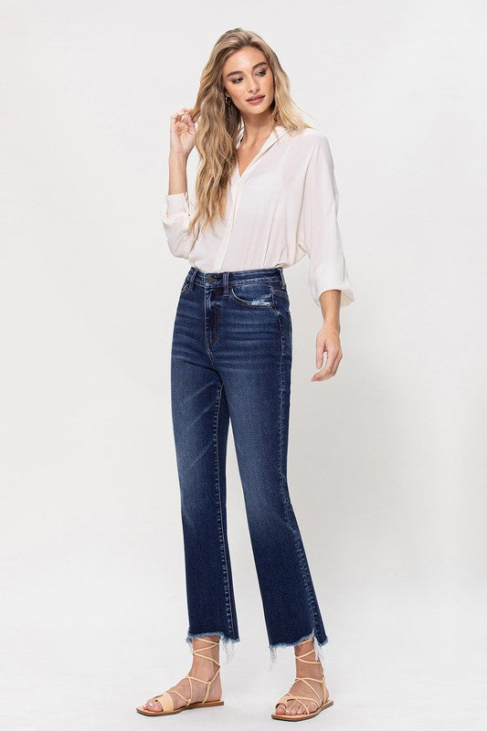 High Rise Distressed Hem Kick Flare Jeans - Pure Serenity DBA