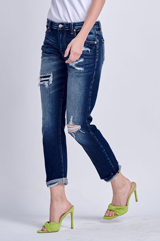 MID RISE STRETCH BOYFRIEND WITH PATCH JEANS - Pure Serenity DBA