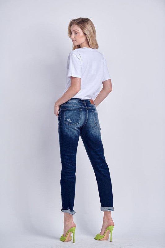 MID RISE STRETCH BOYFRIEND WITH PATCH JEANS - Pure Serenity DBA