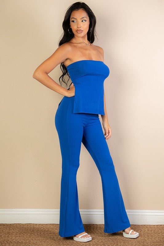 Side Slit Bandeau Top & Flare Pants Set - Pure Serenity DBA