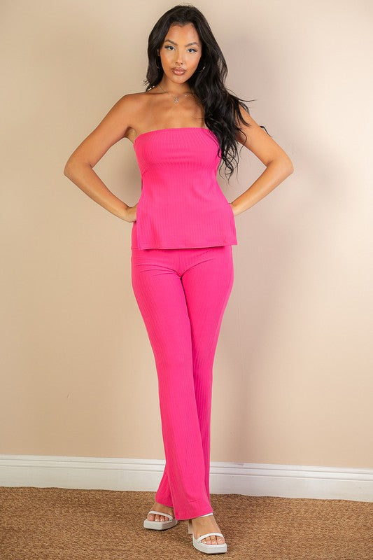 Side Slit Bandeau Top & Flare Pants Set - Pure Serenity DBA