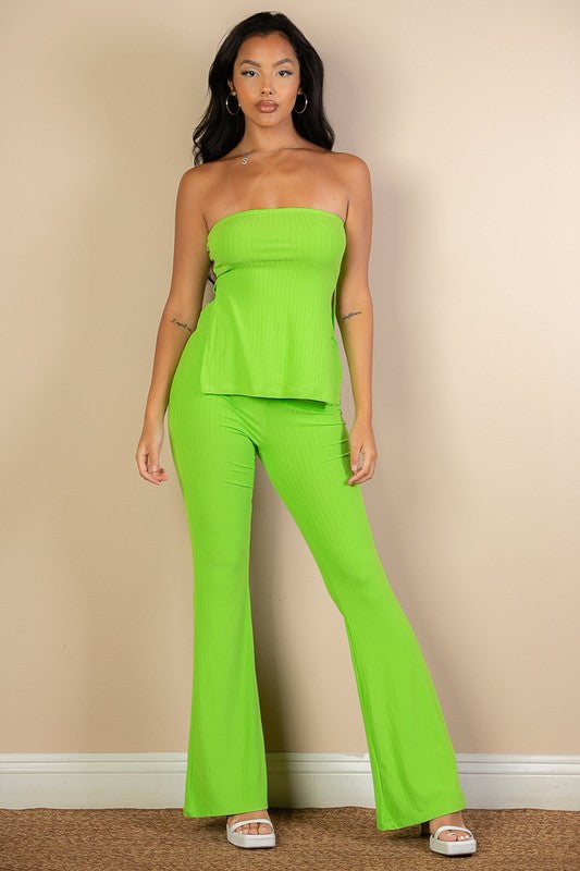 Side Slit Bandeau Top & Flare Pants Set - Pure Serenity DBA