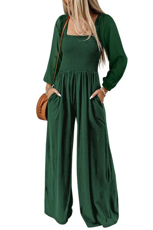 Long Sleeve Square Neck Smocked Bodice Jumpsuit SHEWIN INC.