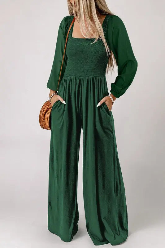 Long Sleeve Square Neck Smocked Bodice Jumpsuit SHEWIN INC.