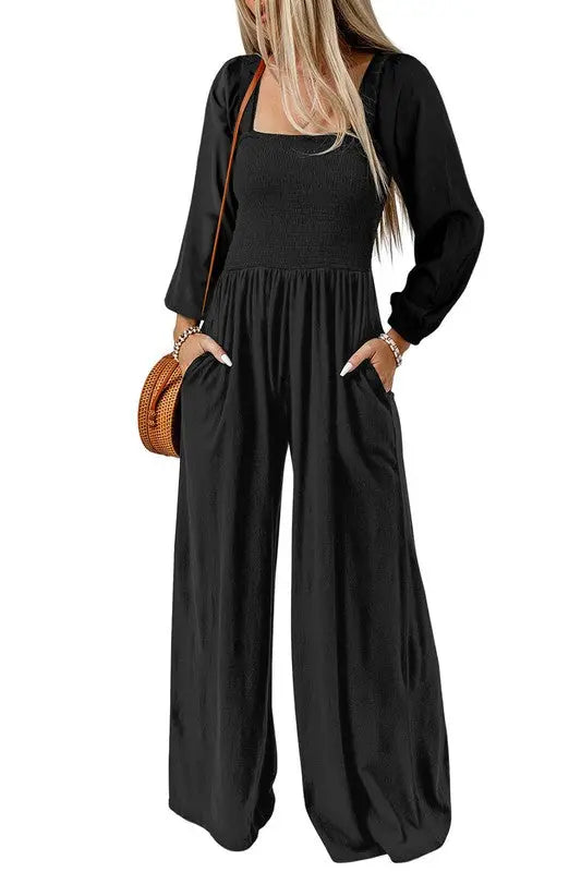 Long Sleeve Square Neck Smocked Bodice Jumpsuit SHEWIN INC.