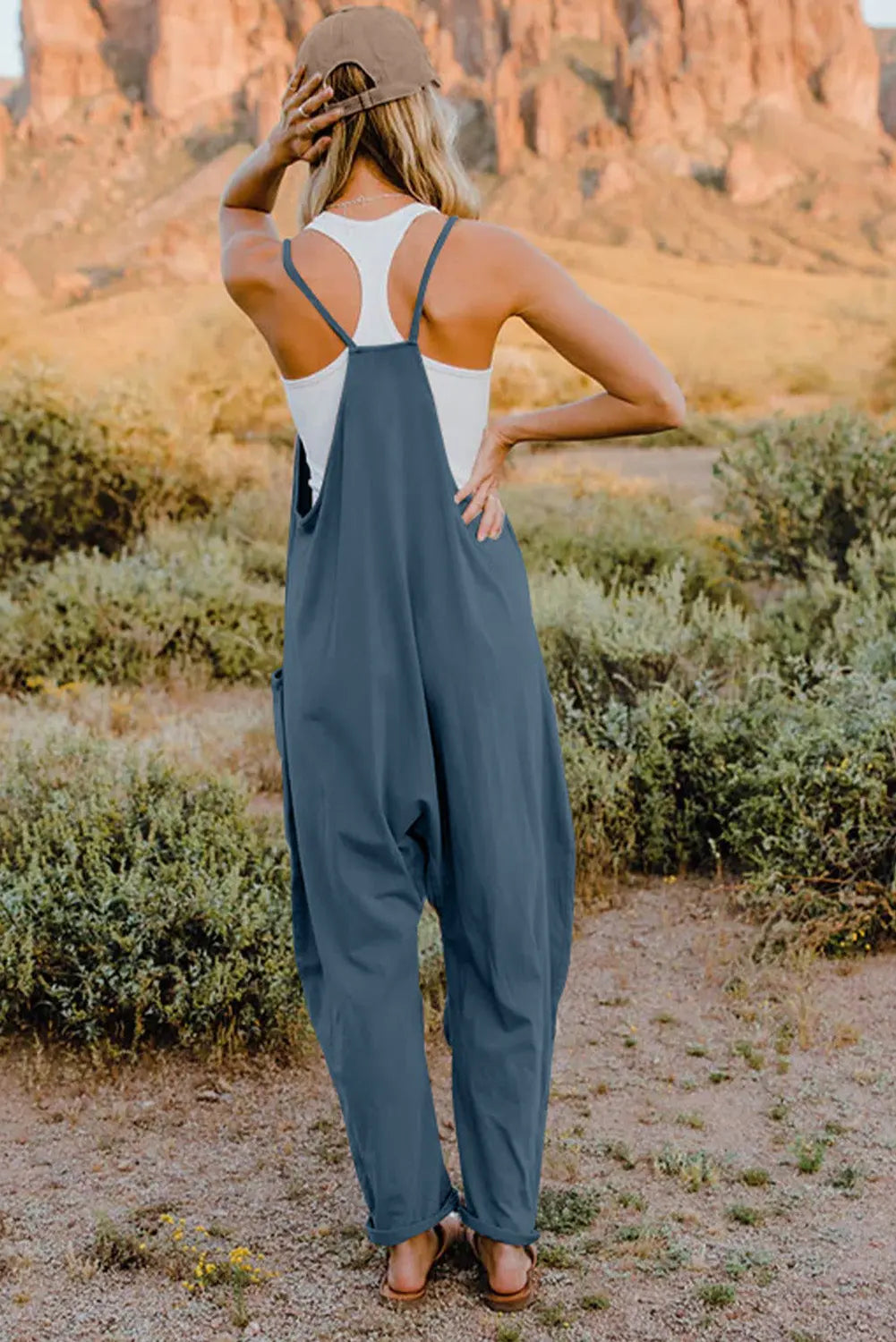 Double Take Full Size V-Neck Sleeveless Jumpsuit with Pockets Trendsi