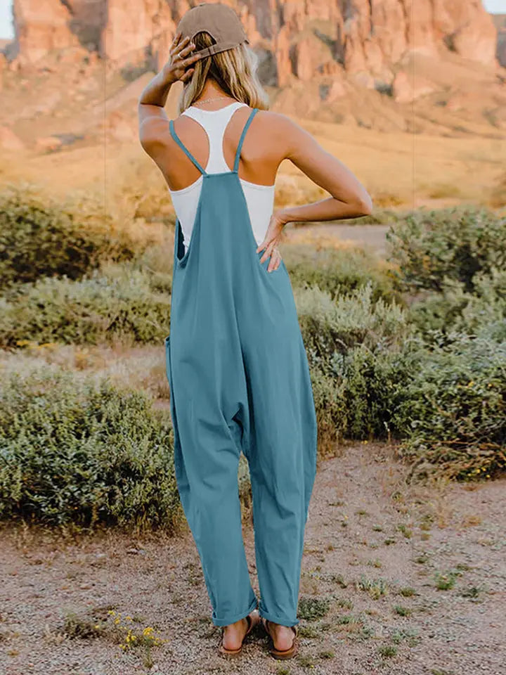 Double Take Full Size V-Neck Sleeveless Jumpsuit with Pockets Trendsi