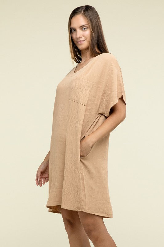 Woven Airflow V Neck T-Shirt Dress with Pockets - Pure Serenity DBA