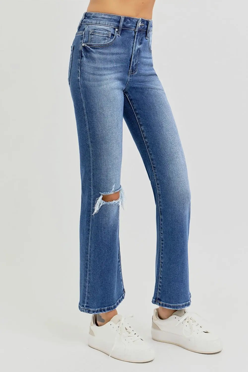 RISEN Full Size Distressed High Rise Crop Flare Jeans Trendsi