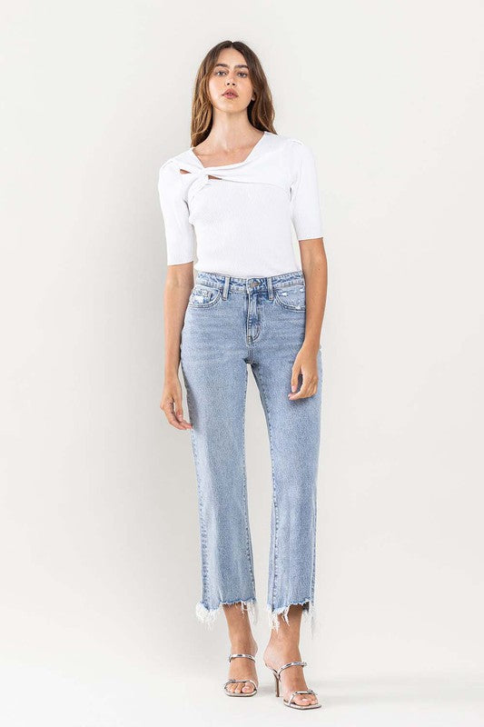 High Rise Distressed Hem Crop Dad Jeans - Pure Serenity DBA