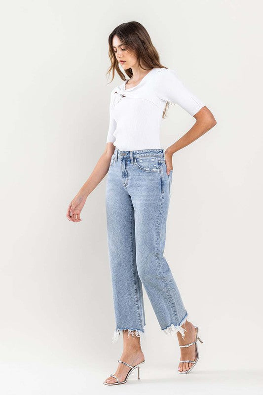 High Rise Distressed Hem Crop Dad Jeans - Pure Serenity DBA