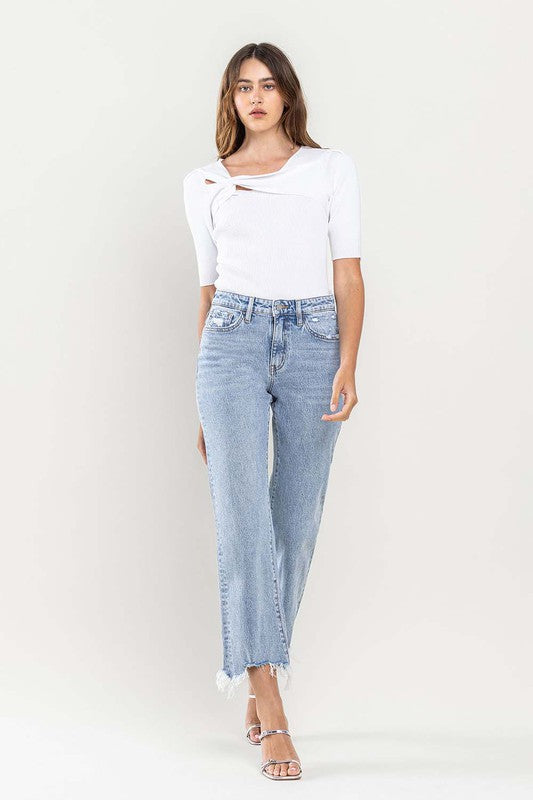 High Rise Distressed Hem Crop Dad Jeans - Pure Serenity DBA