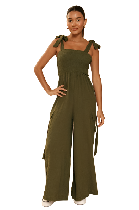 Smocked Wide Leg Cargo Jumpsuit - Pure Serenity DBA