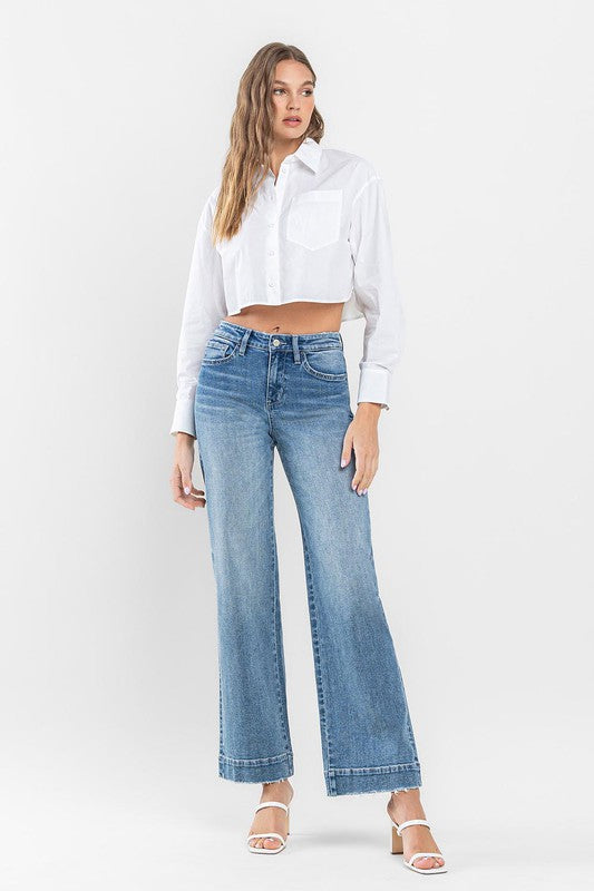 High Rise Wide Leg Jeans with Trouser Hem Detail - Pure Serenity DBA