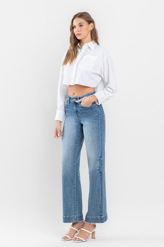 High Rise Wide Leg Jeans with Trouser Hem Detail - Pure Serenity DBA