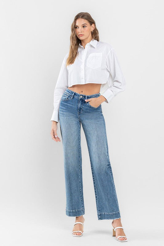 High Rise Wide Leg Jeans with Trouser Hem Detail - Pure Serenity DBA