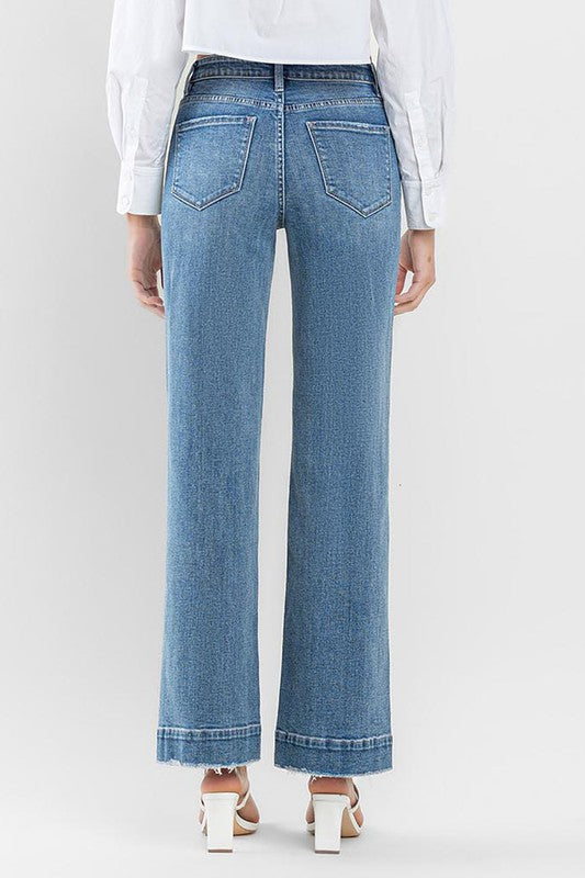 High Rise Wide Leg Jeans with Trouser Hem Detail - Pure Serenity DBA