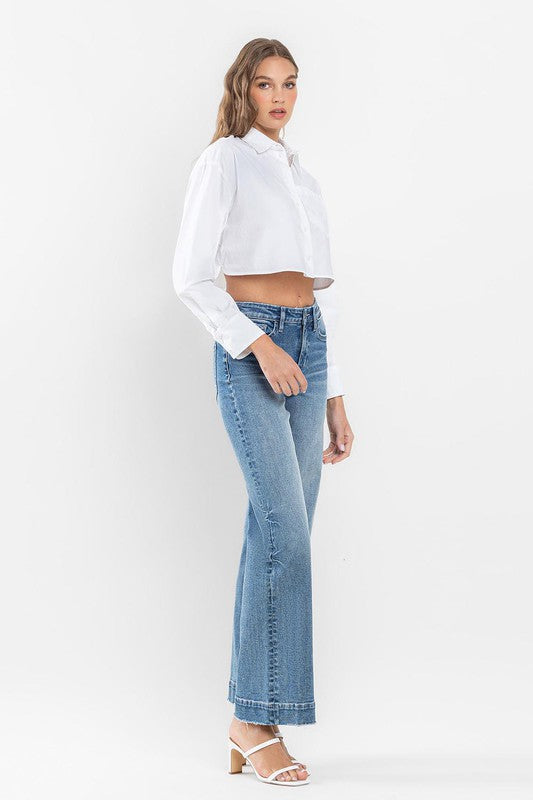 High Rise Wide Leg Jeans with Trouser Hem Detail - Pure Serenity DBA