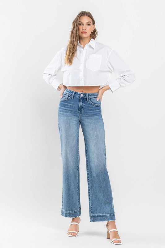 High Rise Wide Leg Jeans with Trouser Hem Detail - Pure Serenity DBA