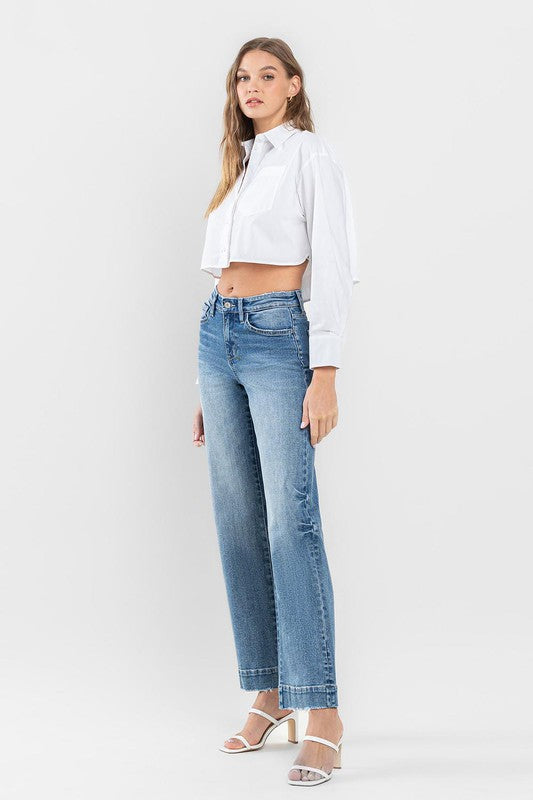 High Rise Wide Leg Jeans with Trouser Hem Detail - Pure Serenity DBA