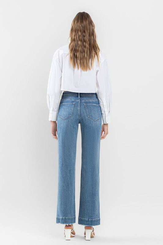 High Rise Wide Leg Jeans with Trouser Hem Detail - Pure Serenity DBA