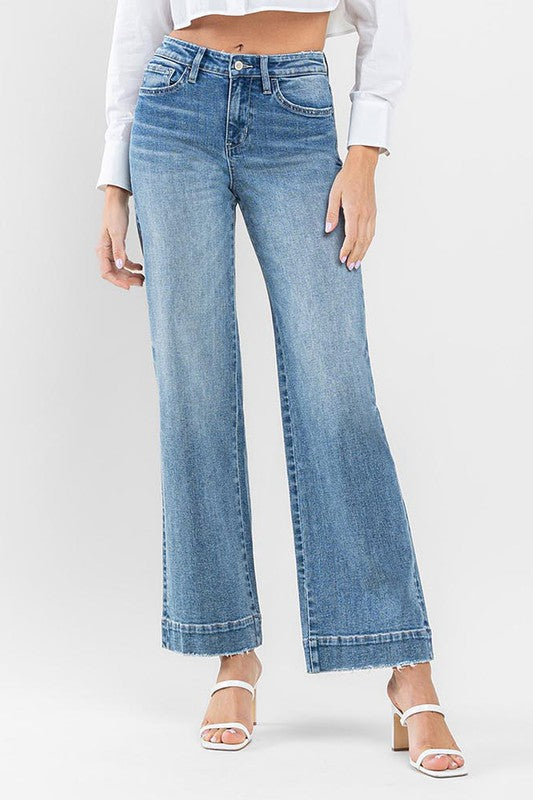 High Rise Wide Leg Jeans with Trouser Hem Detail - Pure Serenity DBA