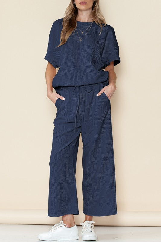 Textured T Shirt and Drawstring Pants Set - Pure Serenity DBA