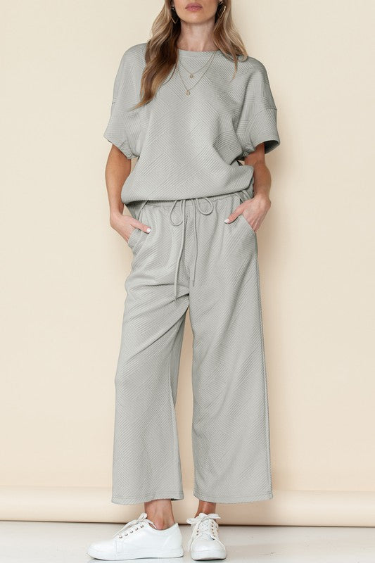 Textured T Shirt and Drawstring Pants Set - Pure Serenity DBA