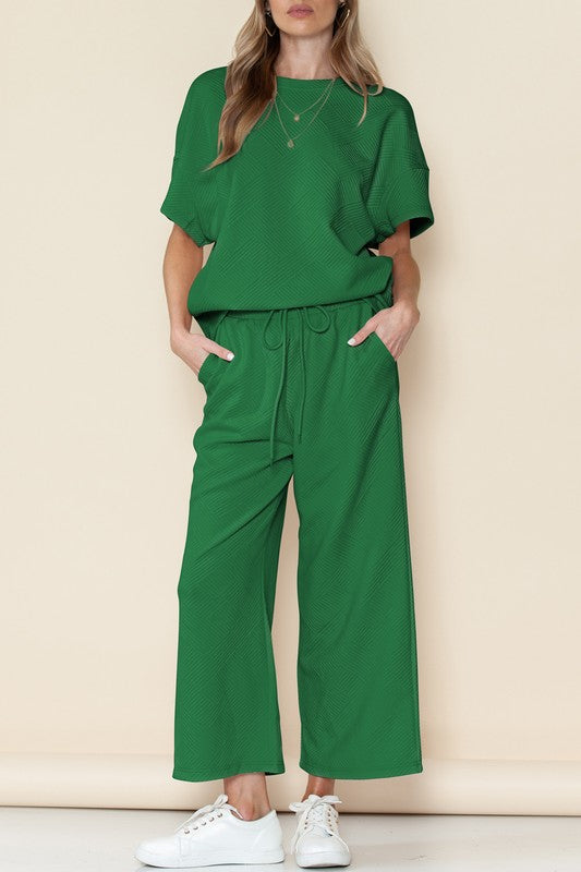 Textured T Shirt and Drawstring Pants Set - Pure Serenity DBA