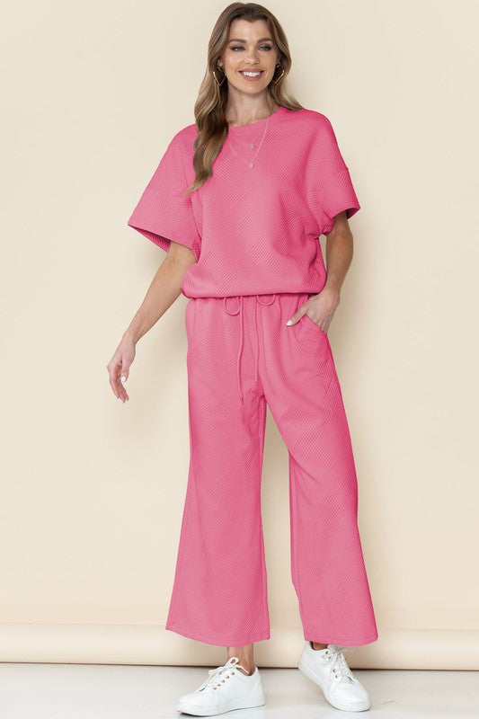 Textured T Shirt and Drawstring Pants Set - Pure Serenity DBA