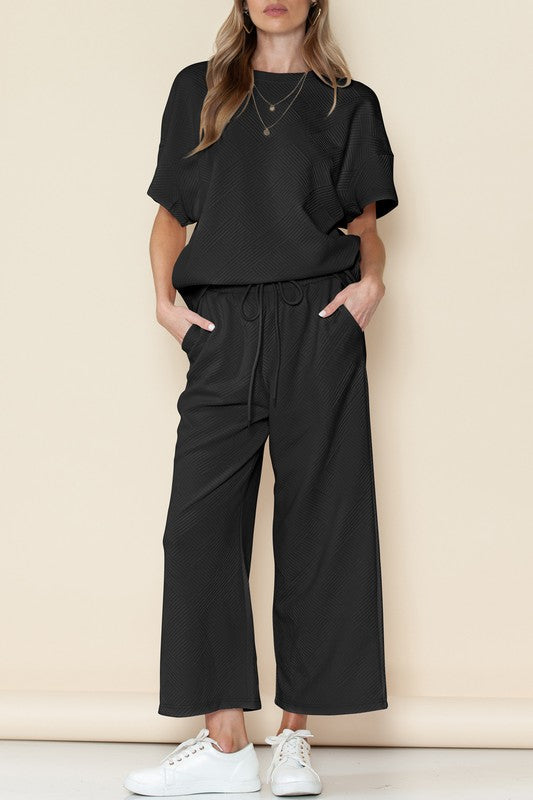 Textured T Shirt and Drawstring Pants Set - Pure Serenity DBA