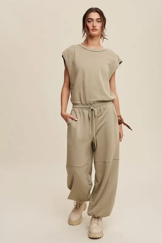 Athleisure French Terry Loose Jogger Jumpsuit - Pure Serenity DBA