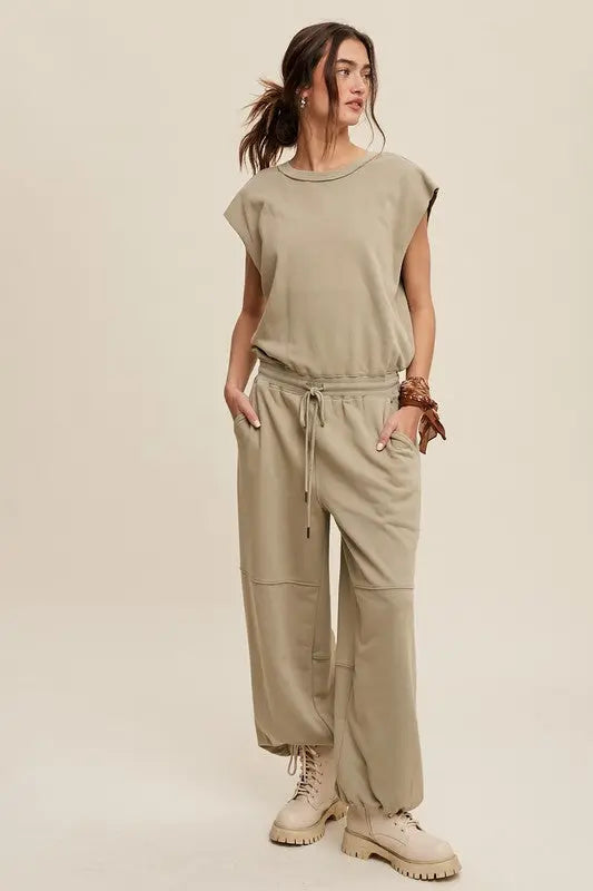 Athleisure French Terry Loose Jogger Jumpsuit - Pure Serenity DBA