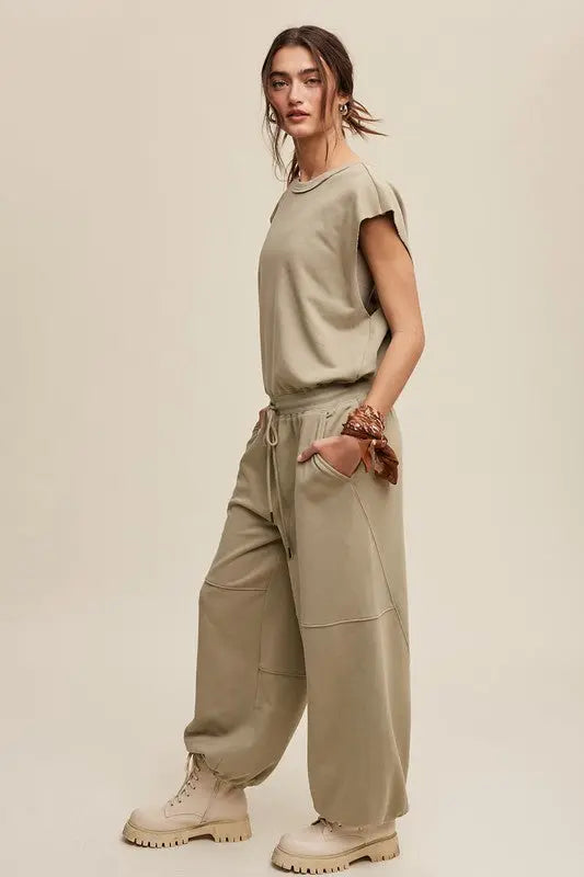 Athleisure French Terry Loose Jogger Jumpsuit - Pure Serenity DBA