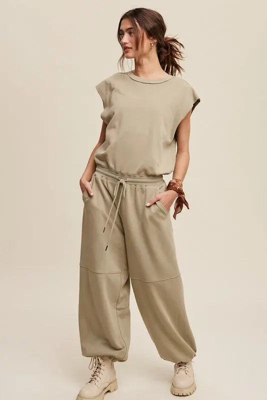 Athleisure French Terry Loose Jogger Jumpsuit - Pure Serenity DBA