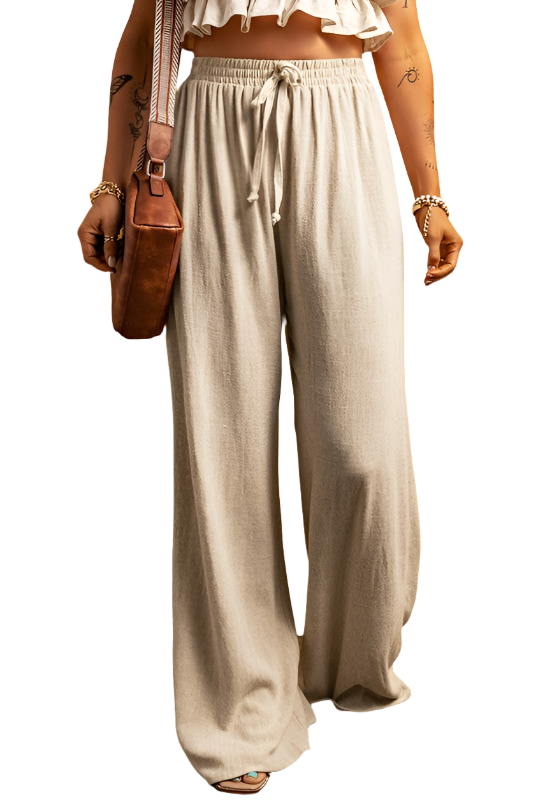 Beige Viscose Linen Floor Length Wide Leg Pants - Pure Serenity DBA