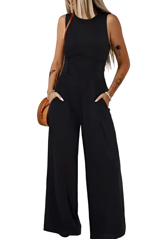 Cinched Waist Sleeveless Wide Leg Jumpsuit SHEWIN INC.