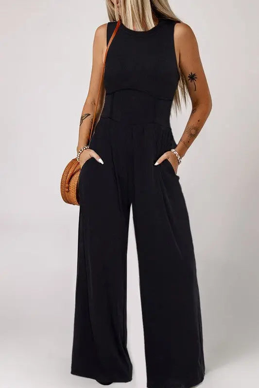 Cinched Waist Sleeveless Wide Leg Jumpsuit SHEWIN INC.